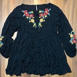 Free People Black Dress with Floral Embroidery